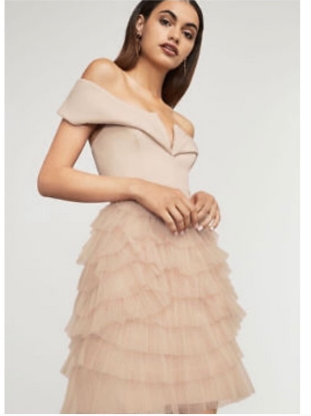 BCBGMaxAzria Off the Shoulder Marquise Dress Bare Pink Tiered Tulle Blush Nude 6